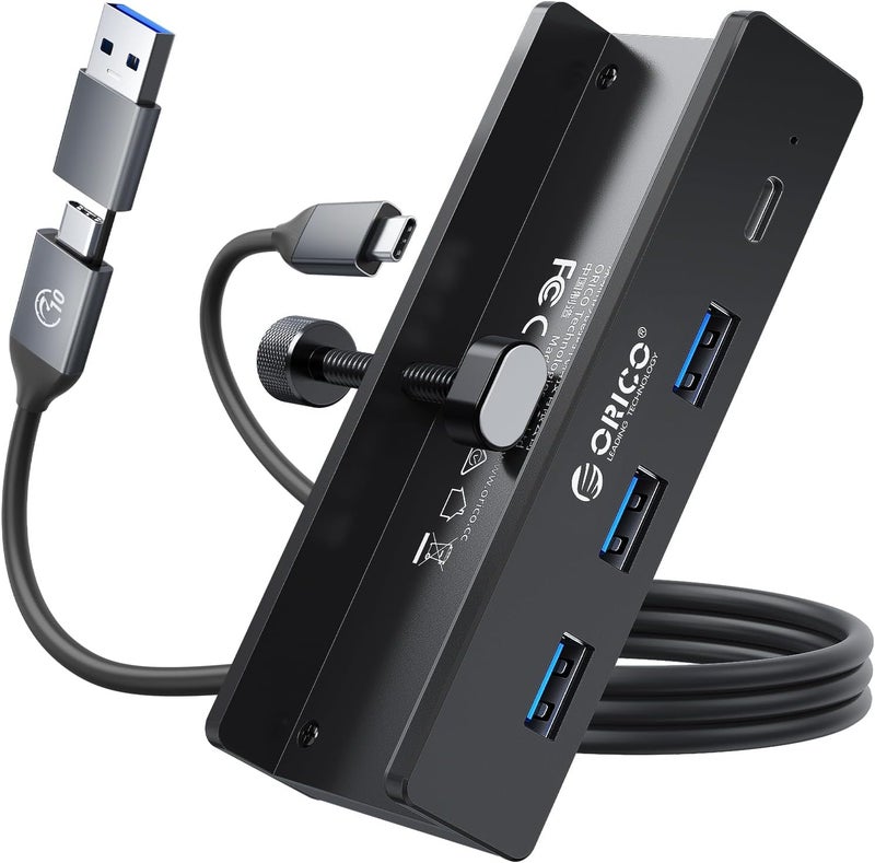 Orico محور USB 3.0، محور USB مع مشبك ومنفذ طاقة إضافي، محول USB من الألمنيوم بـ 4 منافذ USB مع 3 منافذ بيانات USB-A، منفذ USB-C للشاشات والمكاتب (أسود) - Image 1